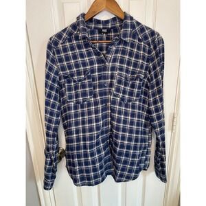 PAIGE Womens Plaid Long Sleeve Button Up Shirt Navy Cream Size Medium Flannel